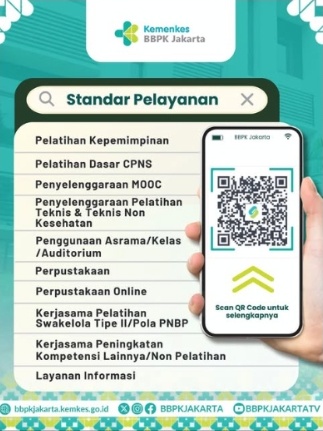 Standar Pelayanan BBPK Jakarta: Pelatihan Kepemimpinan, Pelatihan CPNS, MOOC, Pelatihan Teknis, dan Fasilitas.